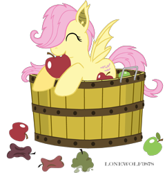 Size: 2500x2614 | Tagged: safe, artist:lonewolf3878, imported from derpibooru, fluttershy, bat pony, pony, apple, biting, cute, eyes closed, female, filly, flutterbat, race swap, shyabates, shyabetes, solo, weapons-grade cute