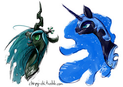 Size: 600x424 | Tagged: safe, artist:chirpy-chi, imported from derpibooru, nightmare moon, queen chrysalis, alicorn, changeling, changeling queen, female, grin