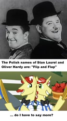 Size: 684x1228 | Tagged: safe, imported from derpibooru, flam, flim, flim flam brothers, flip i flap, laurel and hardy, polish, trivia