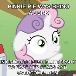 Size: 500x500 | Tagged: safe, edit, edited screencap, imported from derpibooru, screencap, sweetie belle, filli vanilli, ponyville confidential, cropped, female, floppy ears, hoof on chin, image macro, implied fluttershy, implied pinkie pie, meme, solo, sudden clarity sweetie belle