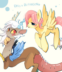 Size: 550x644 | Tagged: safe, artist:pasikon, imported from derpibooru, discord, fluttershy, butterscotch, discoshy, eris, eriscotch, female, male, pixiv, rule 63, shipping, straight