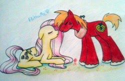 Size: 612x400 | Tagged: artist needed, safe, imported from derpibooru, big macintosh, fluttershy, earth pony, pony, fluttermac, male, shipping, stallion, straight, traditional art