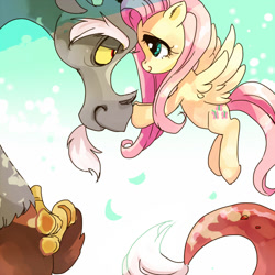 Size: 500x500 | Tagged: source needed, useless source url, safe, artist:pasikon, imported from derpibooru, discord, fluttershy, draconequus, pegasus, pony, discoshy, female, flying, looking at each other, male, mare, pixiv, shipping, smiling, straight