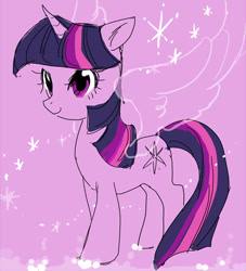 Size: 495x546 | Tagged: safe, artist:pasikon, imported from derpibooru, twilight sparkle, pony, female, looking at you, mare, pixiv, purple background, simple background, smiling, solo, transparent wings