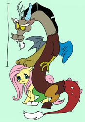 Size: 587x840 | Tagged: safe, artist:pasikon, imported from derpibooru, discord, fluttershy, discoshy, female, male, pixiv, shipping, size difference, straight