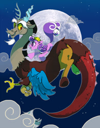 Size: 618x792 | Tagged: safe, artist:pasikon, imported from derpibooru, discord, screwball, cloud, cloudy, daddy discord, flying, hat, moon, night, pixiv, propeller hat, riding, screwball riding discord, swirly eyes