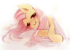 Size: 629x441 | Tagged: safe, artist:pasikon, imported from derpibooru, fluttershy, pony, beautiful, bed, bed mane, bedroom eyes, blushing, female, looking at you, mare, on side, pixiv, side, smiling, solo