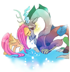 Size: 528x540 | Tagged: safe, artist:pasikon, imported from derpibooru, discord, fluttershy, comforting, crying, cute, discoshy, discute, eyes closed, female, male, nuzzling, pixiv, raised hoof, shyabetes, smiling, standing, straight