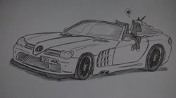 Size: 1936x1074 | Tagged: safe, artist:ricky47, imported from derpibooru, princess luna, alicorn, pony, car, eyes closed, female, get, grayscale, heart, index get, leaning, lunar expressway, mercedes-benz, mercedes-benz slr mclaren, monochrome, palindrome get, repdigit milestone, smiling, solo, speech bubble, traditional art