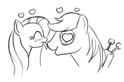 Size: 598x396 | Tagged: safe, artist:nezumiyuki, imported from derpibooru, big macintosh, fluttershy, earth pony, pony, cropped, eyes closed, fluttermac, heart, licking, male, monochrome, open mouth, shipping, smiling, stallion, straight, tongue out, wingding eyes