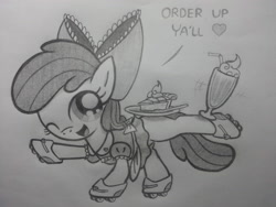 Size: 2048x1536 | Tagged: safe, artist:lockerobster, imported from derpibooru, apple bloom, adorabloom, cute, female, milkshake, monochrome, pie, roller skates, solo, traditional art, waitress, wink