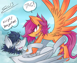 Size: 3527x2921 | Tagged: safe, artist:scootaloocuteness, imported from derpibooru, rumble, scootaloo, cute, duo, eye contact, female, male, messy mane, older, on back, rumbloo, shipping, spread wings, straight