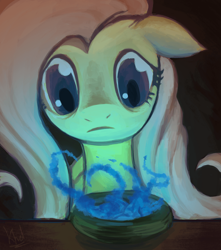 Size: 1125x1270 | Tagged: safe, artist:kheltari, imported from derpibooru, fluttershy, pony, dark, female, floppy ears, looking at something, poison joke, scene interpretation, solo, speedpaint