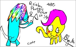 Size: 884x553 | Tagged: safe, artist:ron, imported from derpibooru, fluttershy, camera, photo, picture, rainbow, shy