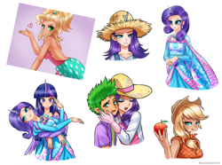 Size: 2000x1485 | Tagged: safe, artist:racoonsan, imported from derpibooru, applejack, rarity, spike, twilight sparkle, human, simple ways, apple, applejewel, clothes, dress, horned humanization, humanized, light skin, rarihick, rhinestone rarihick, scene interpretation, spikelove, twilight sparkle (alicorn), winged humanization