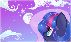 Size: 1024x607 | Tagged: safe, artist:nightmarelunafan, imported from derpibooru, oc, oc only, oc:princess sparkling night, ethereal mane, magical lesbian spawn, mare in the moon, moon, night, offspring, parent:princess luna, parent:twilight sparkle, parents:twiluna, solo, wingding eyes