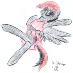 Size: 1657x1666 | Tagged: safe, artist:bamthand, imported from derpibooru, oc, oc only, pegasus, pony, cheerleader, clothes, commission, female, flying, midriff, panties, skirt, solo, traditional art, underwear, upskirt