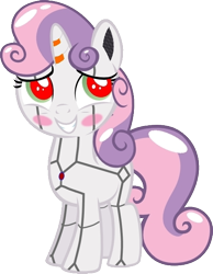 Size: 486x625 | Tagged: safe, artist:dtavs.exe, editor:dtavs.exe, imported from derpibooru, sweetie belle, pony, robot, unicorn, blushing, excited, female, filly, foal, hooves, horn, modified, simple background, smiling, solo, squee, sweetie bot, teeth, transparent background