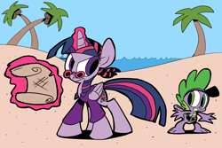 Size: 4500x3000 | Tagged: safe, artist:joeywaggoner, idw, imported from derpibooru, spike, twilight sparkle, alicorn, pony, bandana, beach, clothes, coconut, female, glasses, magic, mare, palm tree, pirate, sand, scroll, telekinesis, tree, twilight sparkle (alicorn)