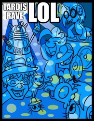 Size: 614x787 | Tagged: safe, artist:madmax, imported from derpibooru, derpy hooves, dj pon-3, pinkie pie, vinyl scratch, cat, parasprite, pegasus, pony, /co/nrad, brain slug, caption, crossover, dalek, doctor who, female, futurama, mare, party cat, portal, roflbot, tardis, tardis rave lol, turret