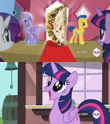 Size: 500x566 | Tagged: safe, imported from derpibooru, screencap, amethyst stone, flash sentry, rarity, twilight sparkle, twilight sparkle (alicorn), alicorn, pony, eyes on the prize, female, happy, hub logo, image macro, mare, meme, open mouth, smiling, taco, taco twilight, train