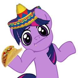 Size: 894x894 | Tagged: safe, imported from derpibooru, twilight sparkle, :i, female, looking at you, shrug, shrugpony, solo, sombrero, taco, taco twilight