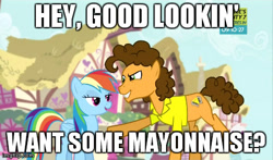 Size: 480x283 | Tagged: safe, edit, edited screencap, imported from derpibooru, screencap, cheese sandwich, rainbow dash, earth pony, pegasus, pony, pinkie pride, bedroom eyes, caption, cheesedash, female, innuendo, male, mare, out of context, shipping, stallion, straight