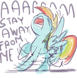 Size: 988x1000 | Tagged: artist needed, safe, imported from derpibooru, rainbow dash, d:, drawfag, eyes closed, female, nose in the air, open mouth, panic, scared, screaming, shaking, solo, spread wings, yelling