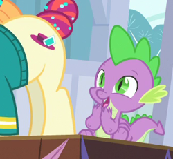 Size: 333x308 | Tagged: safe, imported from derpibooru, screencap, spike, torch song, dragon, pony, filli vanilli, cougar, cropped, eyes on the prize, female, looking at butt, male, mare, out of context, plot