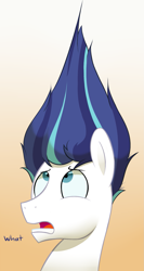 Size: 905x1700 | Tagged: safe, artist:acstlu, imported from derpibooru, shining armor, alternate hairstyle, cross-eyed, d:, looking up, male, solo, surprised, wat, wide eyes