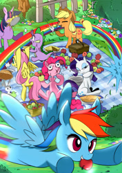 Size: 1000x1414 | Tagged: safe, artist:caibaoreturn, imported from derpibooru, angel bunny, applejack, fluttershy, pinkie pie, rainbow dash, rarity, spike, twilight sparkle, alicorn, pony, apple, choking, mane seven, mane six, mischief, mouth hold, picnic, pixiv, trail, twilight sparkle (alicorn)