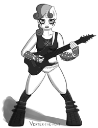 Size: 1921x2500 | Tagged: safe, artist:vertex-the-pony, imported from derpibooru, sweetie belle, anthro, black metal, boots, breasts, bullet belt, corpse paint, electric guitar, female, guitar, metal, metal belle, monochrome, musical instrument, simple background, solo, spiked wristband, white background, wristband