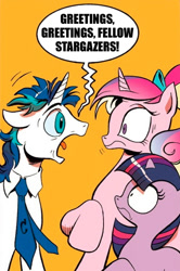 Size: 365x549 | Tagged: safe, idw, imported from derpibooru, princess cadance, shining armor, twilight sparkle, spoiler:comic, exploitable meme, jack horkheimer, meme, screaming armor, younger