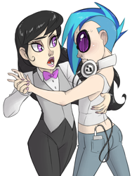 Size: 1200x1600 | Tagged: safe, artist:thelivingmachine02, imported from derpibooru, dj pon-3, octavia melody, vinyl scratch, human, bowtie, clothes, dancing, glasses, headphones, humanized, jeans, light skin, looking at each other, mp3 player, nail polish, open mouth, pants, simple background, sweat, undercut, vest, white background