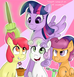 Size: 5500x5694 | Tagged: safe, artist:bloodyhellhayden, imported from derpibooru, apple bloom, scootaloo, sweetie belle, twilight sparkle, alicorn, pony, twilight time, absurd resolution, broom, cutie mark crusaders, female, flower, magic, mare, scooter, twilight sparkle (alicorn)