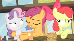 Size: 383x215 | Tagged: safe, imported from derpibooru, screencap, apple bloom, goldengrape, scootaloo, sir colton vines iii, sweetie belle, twilight time, cutie mark crusaders, funny face, hay burger, low quality, table