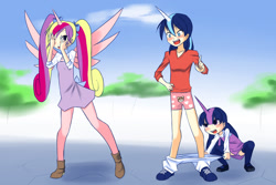 Size: 1024x683 | Tagged: safe, artist:drantyno, deleted from derpibooru, imported from derpibooru, princess cadance, shining armor, twilight sparkle, human, assisted exposure, boxers, clothes, dress, embarrassed, frilly underwear, heart, heart print underwear, humanized, humiliation, panties, panting, pantsing, pigtails, pink underwear, ponytails, prank, shocked, skirt, this will end in tears, underwear, undressing, upskirt, younger