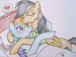 Size: 1622x1214 | Tagged: safe, artist:rainbowdashzpegasus, imported from derpibooru, daring do, rainbow dash, bed, blushing, book, cuddling, eyes closed, hospital, hug, snuggling, traditional art