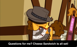 Size: 1600x973 | Tagged: safe, imported from derpibooru, cheese sandwich, earth pony, pony, comic:celestia's servant interview, caption, cs captions, hat, interview, male, meta, ponyville, solo, stallion