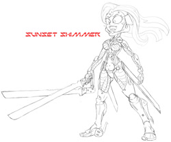 Size: 1000x830 | Tagged: safe, artist:stradivarius, imported from derpibooru, sunset shimmer, equestria girls, crossover, female, humanized, konami, metal gear, metal gear rising, sketch, solo, sundowner