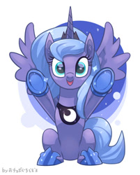 Size: 402x500 | Tagged: dead source, safe, artist:boguti, imported from derpibooru, princess luna, alicorn, pony, cute, female, hoof shoes, hug request, jewelry, looking at you, lunabetes, open mouth, peytral, pixiv, regalia, s1 luna, smiling, solo, spread wings, wings