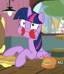 Size: 471x550 | Tagged: safe, edit, imported from derpibooru, screencap, coco crusoe, twilight sparkle, alicorn, pony, twilight time, female, hay burger, inverted mouth, ketchup, mare, messy, messy eating, puffy cheeks, realization, solo, that pony sure does love burgers, twilight burgkle, twilight slobble, twilight sparkle (alicorn), wide eyes