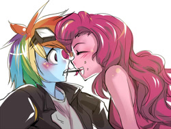 Size: 800x600 | Tagged: safe, artist:bakki, imported from derpibooru, pinkie pie, rainbow dash, equestria girls, blushing, female, goggles, humanized, lesbian, mouth hold, pinkiedash, pocky, pocky game, pony coloring, shipping, surprised