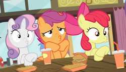 Size: 1214x692 | Tagged: safe, edit, edited screencap, imported from derpibooru, screencap, apple bloom, goldengrape, scootaloo, sir colton vines iii, sweetie belle, pegasus, pony, unicorn, twilight time, cutie mark crusaders, duckface, fast food, female, filly, restaurant