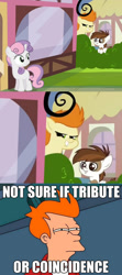 Size: 500x1125 | Tagged: safe, imported from derpibooru, screencap, gallop j. fry, pipsqueak, sweetie belle, twilight time, exploitable meme, futurama, meme, not sure if, philip j. fry
