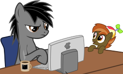 Size: 9837x5993 | Tagged: safe, artist:schmuzart, imported from derpibooru, button mash, oc, oc:blinking cursor, absurd resolution, computer, desk, keyboard, muffin, mug, simple background, transparent background, vector