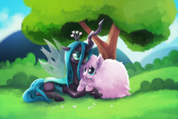 Size: 1500x1000 | Tagged: safe, artist:tsaoshin, imported from derpibooru, queen chrysalis, oc, oc:fluffle puff, changeling, changeling queen, :p, blushing, canon x oc, chrysipuff, cuddling, cute, cutealis, featured image, female, flufflebetes, grass, heart, holding hooves, lesbian, lidded eyes, ocbetes, outdoors, prone, shipping, smiling, snuggling, tongue out, tree