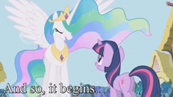 Size: 1280x720 | Tagged: safe, edit, edited screencap, imported from derpibooru, screencap, princess celestia, twilight sparkle, alicorn, pony, unicorn, friendship is magic, and so it begins, butt, female, image macro, mare, meme, plot, quote, times new roman, unicorn twilight