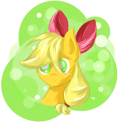 Size: 1024x1058 | Tagged: safe, artist:randomdash, imported from derpibooru, applejack, earth pony, pony, abstract background, accessory swap, bow, bust, cute, female, hair bow, jackabetes, looking at you, mare, missing accessory, portrait, ribbon, smiling, solo