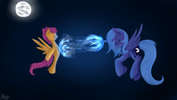 Size: 1280x720 | Tagged: dead source, safe, artist:yuukon, imported from derpibooru, princess luna, scootaloo, magic, midair, moon, s1 luna